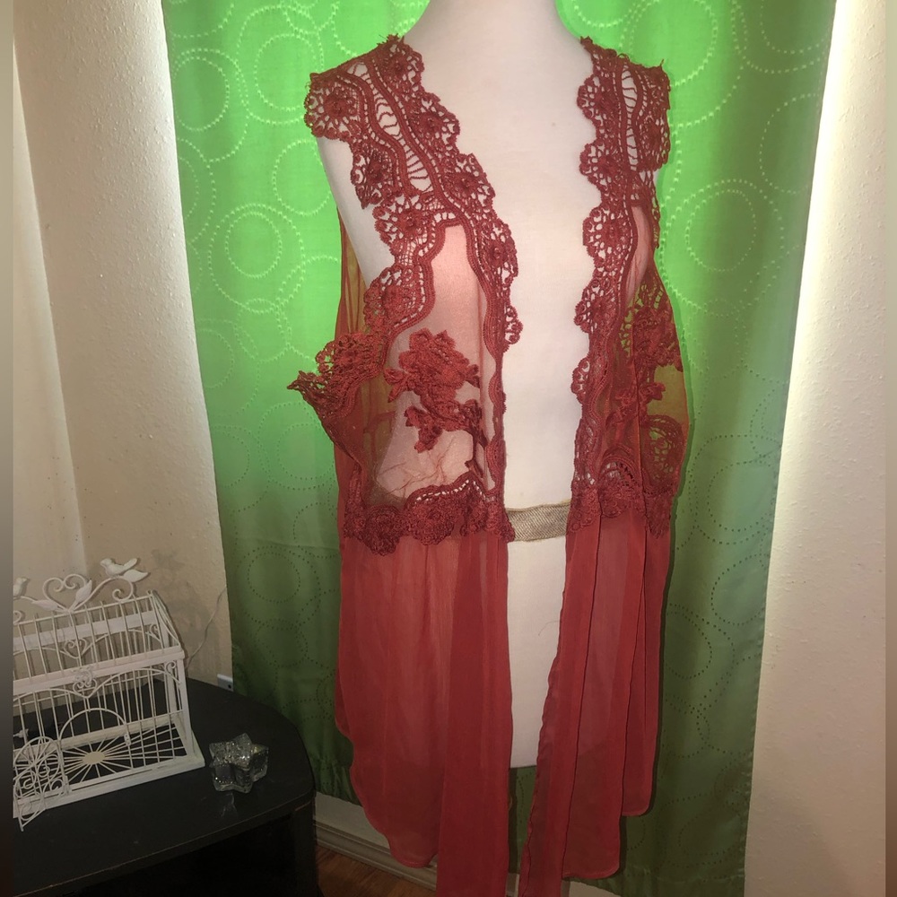 PL Boho 3X Burnt Orange Semi Sheer Vest Shrug Crocheted and Macrame